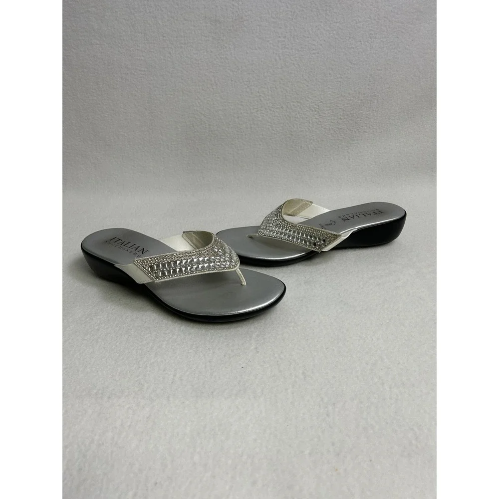 Glam Italian Shoemakers Womens 8 Silver Rhinestone Crystal Wedge Thong Sandals